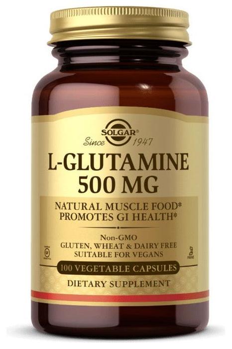 Solgar L-Glutamine 500 mg supplement bottle, 100 vegan capsules for immune and gut health.