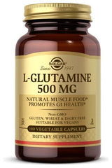 Solgar L-Glutamine 500 mg supplement bottle, 100 vegan capsules for immune and gut health.