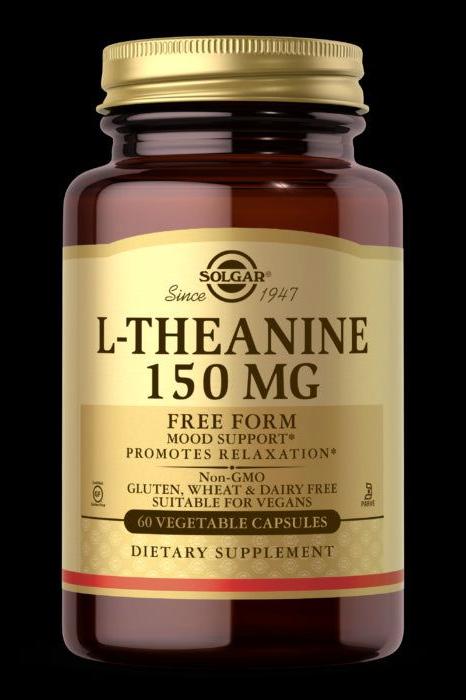 Solgar L-Theanine 150 mg supplement bottle containing 60 vegetable capsules for mood support and relaxation.