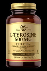 Solgar L-Tyrosine 500 mg bottle, 50 vegetable capsules for nervous system support.