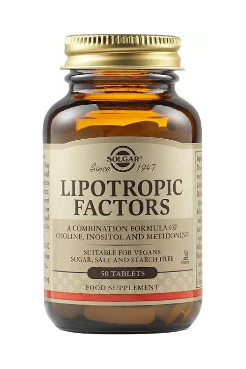 Solgar Lipotropic Factors supplement bottle with choline, inositol, and methionine for liver health, 50 tablets.
