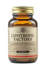 Solgar Lipotropic Factors supplement bottle with choline, inositol, and methionine for liver health, 50 tablets.