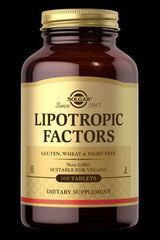 Solgar Lipotropic Factors dietary supplement bottle, containing 100 tablets, gluten, wheat & dairy free, suitable for vegans.