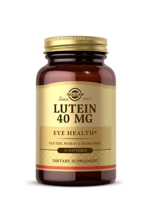 Solgar Lutein 40 Mg dietary supplement in a bottle for eye health support, gluten, wheat, and dairy-free, 30 softgels.