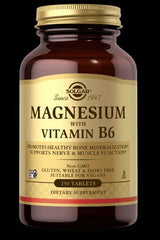 Solgar Magnesium with Vitamin B6 supplement bottle promoting nerve and muscle function, 250 tablets.