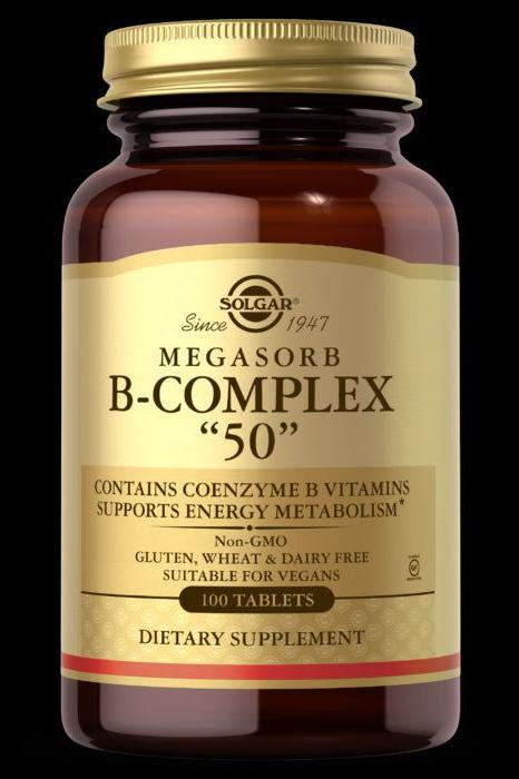Solgar Megasorb B-Complex 50 dietary supplement bottle, supports energy metabolism and contains coenzyme B vitamins.