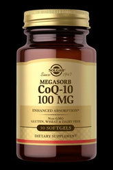 Solgar Megasorb CoQ-10 100 MG dietary supplement bottle with 30 softgels for enhanced absorption.