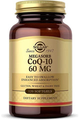 Solgar Megasorb CoQ-10 60 MG dietary supplement, 120 softgels, supports heart health and energy production.