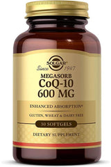 Solgar Megasorb CoQ-10 600 mg dietary supplement bottle with 30 softgels for heart health.