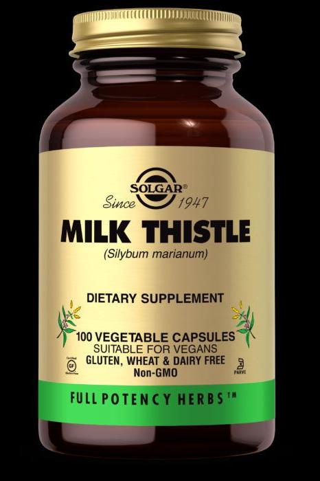 Solgar Milk Thistle dietary supplement bottle with 100 vegetable capsules, vegan, non-GMO, supports liver health.