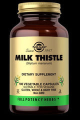Solgar Milk Thistle dietary supplement bottle with 100 vegetable capsules, vegan, non-GMO, supports liver health.