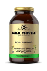 Solgar Milk Thistle dietary supplement bottle with 250 vegetable capsules for liver health support.