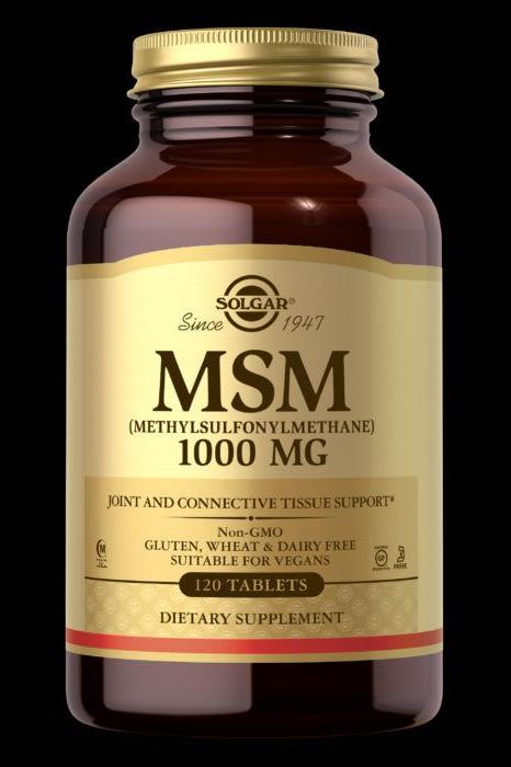Solgar MSM 1000 mg dietary supplement bottle with 120 tablets, supports joint and connective tissue health.