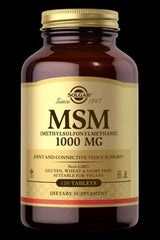 Solgar MSM 1000 mg dietary supplement bottle with 120 tablets, supports joint and connective tissue health.