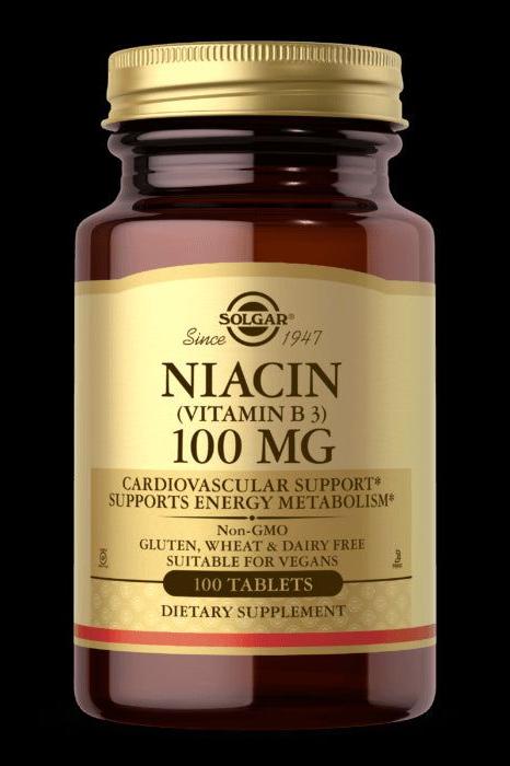 Solgar Niacin (Vitamin B3) 100 Mg dietary supplement, 100 tablets for cardiovascular support and energy metabolism.