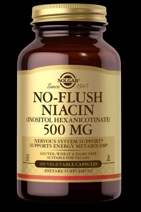 Solgar No-Flush Niacin supplement bottle, 500 mg, 100 vegetable capsules for energy metabolism support.