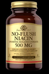 Solgar No-Flush Niacin supplement bottle, 500 mg, 100 vegetable capsules for energy metabolism support.
