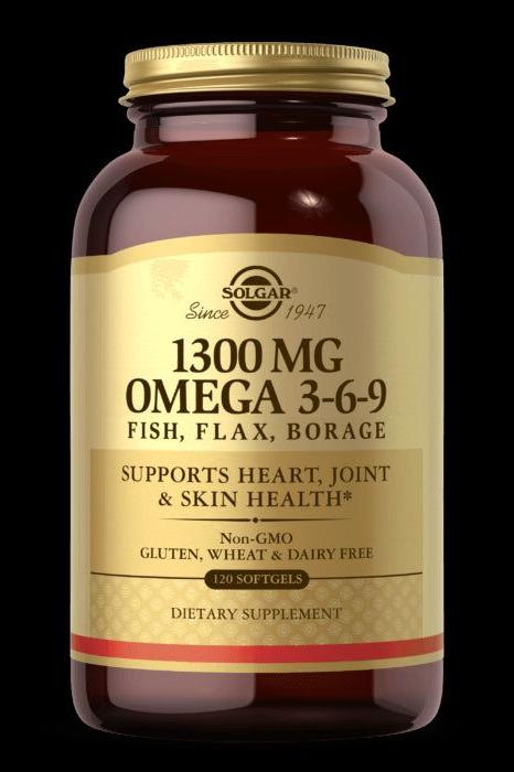 Solgar Omega 3-6-9 supplement bottle, supports heart, joint, and skin health, 1300 mg, 120 softgels.