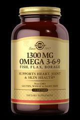 Solgar Omega 3-6-9 supplement bottle, supports heart, joint, and skin health, 1300 mg, 120 softgels.