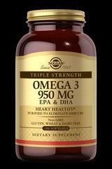 Solgar Omega 3 950 mg EPA DHA supplement bottle promoting heart health, with 100 softgels.