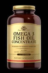 Solgar Omega 3 Fish Oil Concentrate bottle, dietary supplement, 240 softgels, purified, non-GMO.