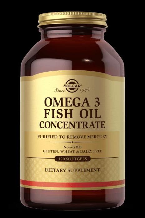 Solgar Omega 3 Fish Oil Concentrate bottle, 120 softgels, gluten, wheat, and dairy free, dietary supplement.