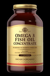 Solgar Omega 3 Fish Oil Concentrate bottle, 120 softgels, gluten, wheat, and dairy free, dietary supplement.