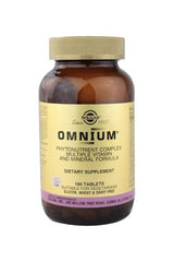 Solgar Omnium dietary supplement bottle, 180 tablets, phytonutrient complex for optimal health support.
