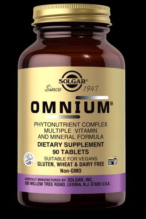 Solgar Omnium phytonutrient complex multiple vitamin and mineral formula in a bottle, 90 tablets.