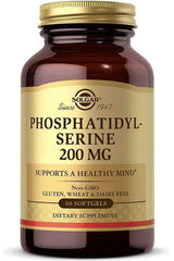 Solgar Phosphatidyl-Serine 200 mg dietary supplement in a brown bottle, 60 softgels, supports cognitive function.