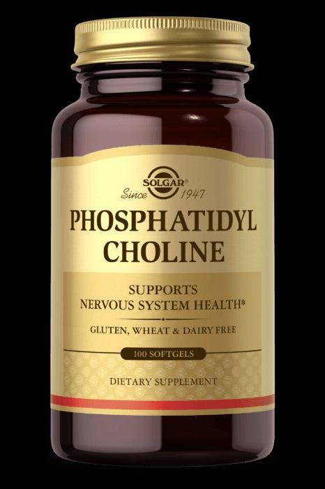 Solgar Phosphatidyl Choline supplement bottle containing 100 softgels, supports nervous system health.
