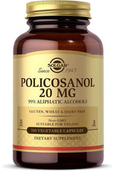 Solgar Policosanol 20 mg dietary supplement in a brown bottle, contains 100 vegan-friendly vegetable capsules.