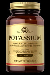 Solgar Potassium dietary supplement bottle, 100 tablets for nerve and muscle health, promotes electrolyte balance.