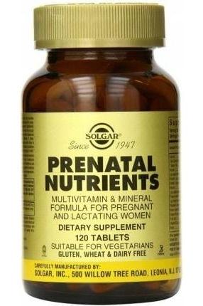 Solgar Prenatal Nutrients dietary supplement bottle, multivitamin for pregnant women, 120 tablets