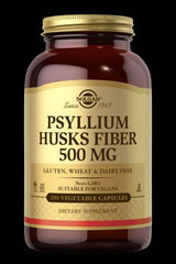Solgar Psyllium Husks Fiber 500 mg dietary supplement, 200 vegan capsules, non-GMO, gluten and dairy free.