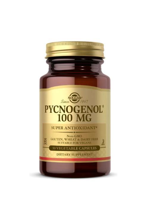 Solgar Pycnogenol 100 mg dietary supplement bottle with 30 vegetable capsules for antioxidants and heart health.