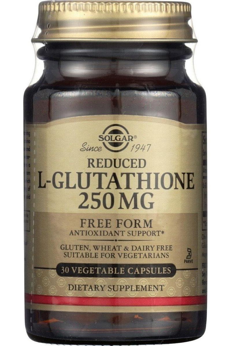 Solgar Reduced L-Glutathione 250 mg dietary supplement in a glass bottle, offering antioxidant support.