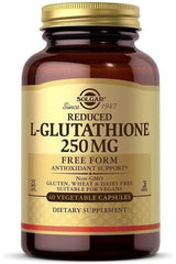 Solgar Reduced L-Glutathione 250mg dietary supplement in a brown bottle, 60 vegetable capsules.