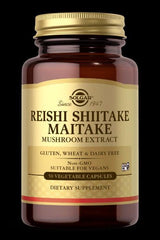 Solgar Reishi, Shiitake, Maitake mushroom extract, gluten-free dietary supplement in a 50 capsule bottle.