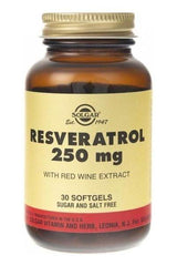 Solgar Resveratrol 250 mg supplement bottle with red wine extract, containing 30 softgels, sugar and salt free.