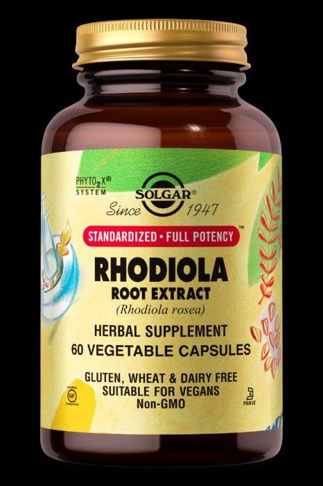 Solgar Rhodiola Root Extract 500 mg, herbal supplement, 60 vegan capsules, gluten-free, non-GMO.