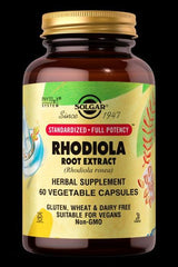 Solgar Rhodiola Root Extract 500 mg, herbal supplement, 60 vegan capsules, gluten-free, non-GMO.