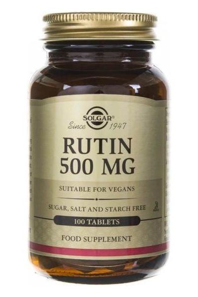 Solgar Rutin 500 mg supplement bottle, contains 100 tablets, suitable for vegans, promotes healthy circulation.