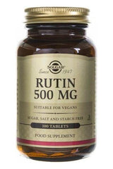 Solgar Rutin 500 mg supplement bottle, contains 100 tablets, suitable for vegans, promotes healthy circulation.