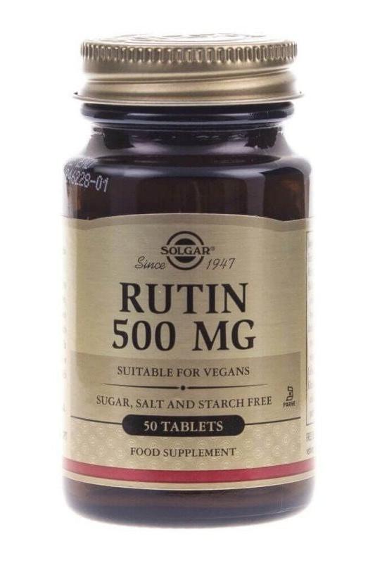 Solgar Rutin 500 mg supplement bottle, 50 tablets, suitable for vegans and free from sugar, salt, and starch.