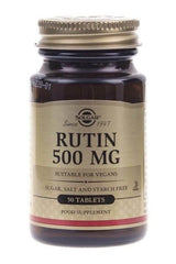 Solgar Rutin 500 mg supplement bottle, 50 tablets, suitable for vegans and free from sugar, salt, and starch.