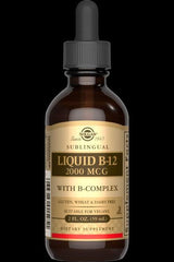 Solgar Sublingual Liquid B12 2000 MCG with B-Complex dietary supplement, vegan-friendly, gluten, wheat, and dairy-free.