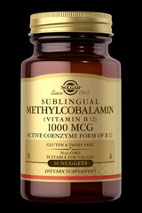 Solgar Sublingual Methylcobalamin Vitamin B12 supplement bottle with 1000 MCG in 30 nuggets.