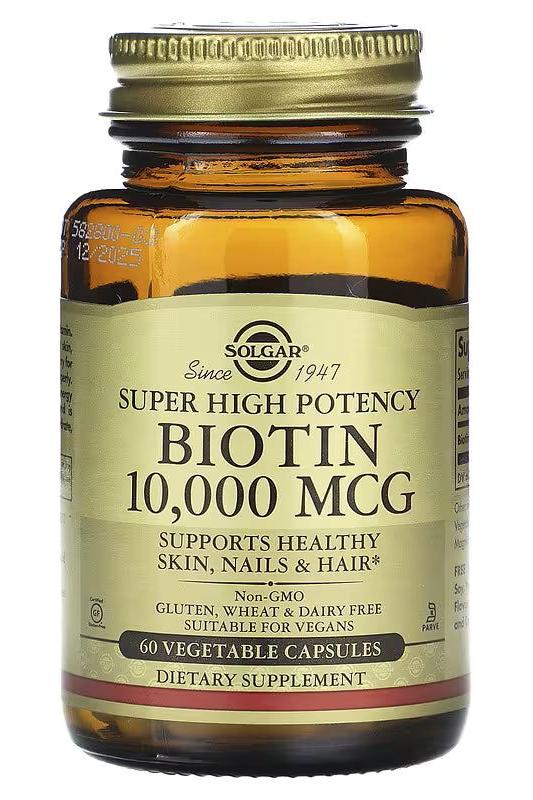 Solgar Super High Potency Biotin 10,000 Mcg supplement for healthy skin, nails, and hair in a 60 capsule bottle.