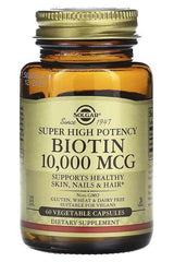 Solgar Super High Potency Biotin 10,000 Mcg supplement for healthy skin, nails, and hair in a 60 capsule bottle.